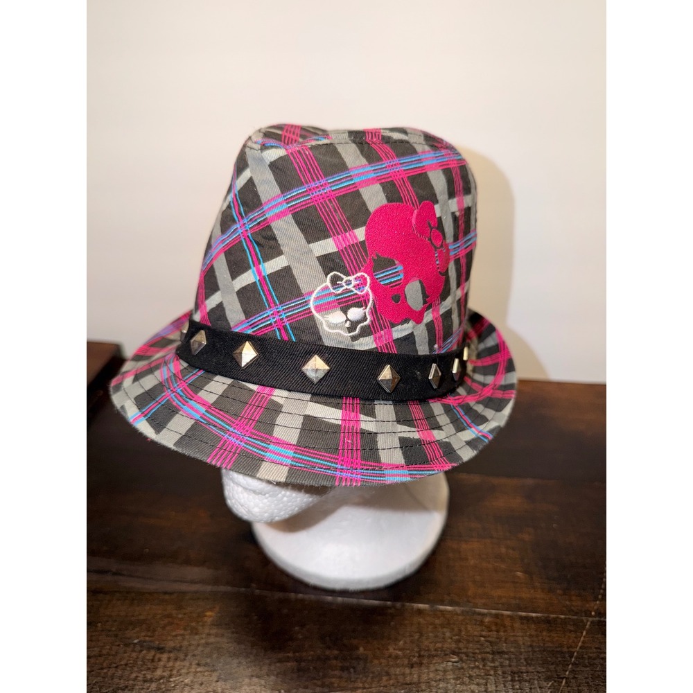 Monster High Plaid Fedora Hat with Studded Band‎ Pink Skull Logo Kids